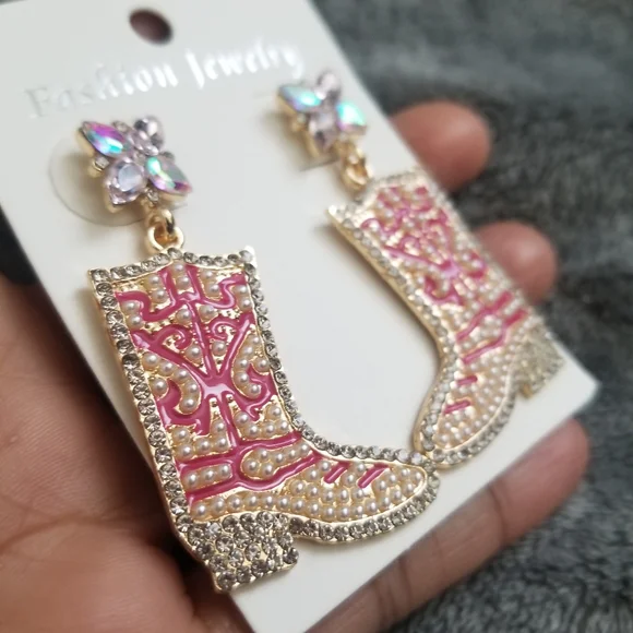 Rose Pink Gold Cowgirl Boots Western Earrings Pearls & Rhinestone Rodeo - Picture 4 of 5